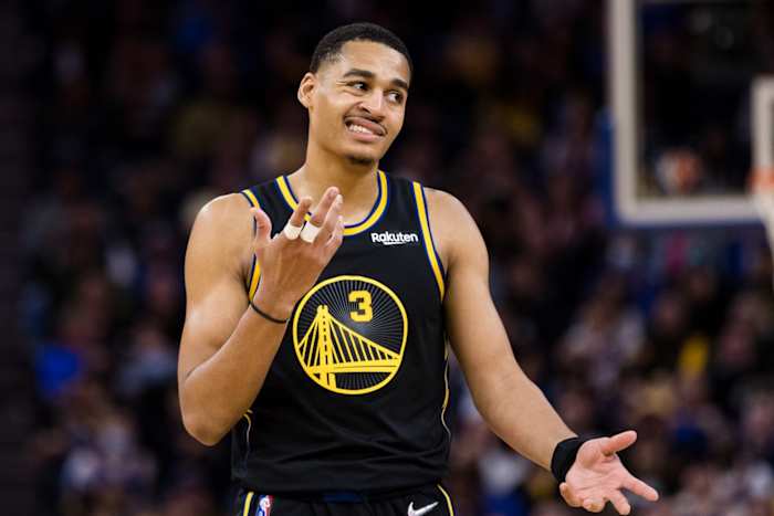 Mar 30, 2022; San Francisco, California, USA; Golden State Warriors guard Jordan Poole (3) reacts during the second half against the Phoenix Suns at Chase Center. Mandatory Credit: John Hefti-USA TODAY Sports